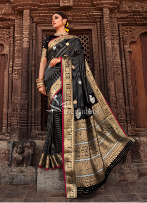 Atarah Black and Gold Color Kanchipuram Silk Saree