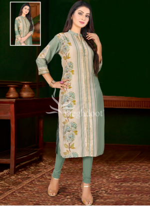 Meghdoot Green and Beige Color extra large Size Tussar Silk Kurti