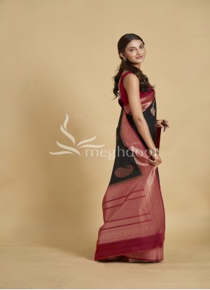 Black and Red Color Spun Silk Saree