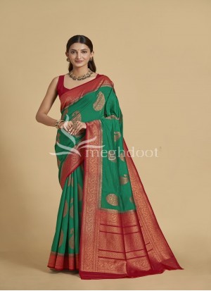 Rama and Red Color Spun Silk Saree