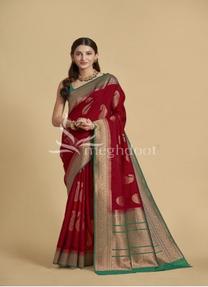 Red and Rama Color Spun Silk Saree