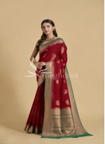 Red and Rama Color Spun Silk Saree