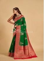 Bright Green and Red Color Spun Silk Saree