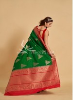 Bright Green and Red Color Spun Silk Saree