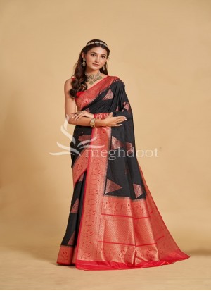 Black and Red Color Spun Silk Saree