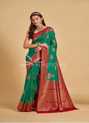Rama and Red Color Spun Silk Saree