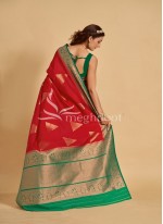 Red and Rama Blue Color Spun Silk Saree