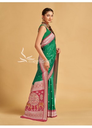 Firozi, N.P. Green and Red color Sambalpuri Tussar Silk Sarees