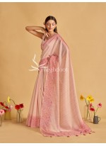 Peach Color Linen Saree with Digital Print and katha Work