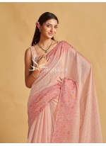Peach Color Linen Saree with Digital Print and katha Work
