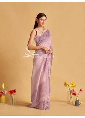 Pink Color Linen Saree with Digital Print and katha Work