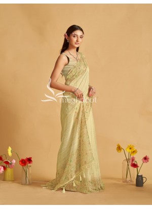 Tusser Color Linen Saree with Digital Print and katha Work