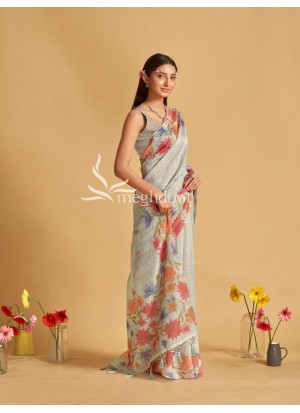 Grey Color Linen Saree with Digital Print and katha Work