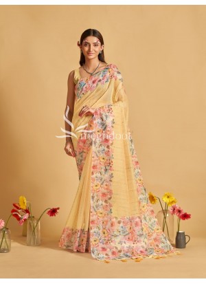 Chandan Color Linen Saree with Digital Print and katha Work