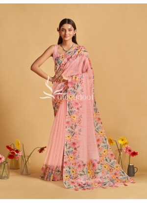 Pink Color Linen Saree with Digital Print and katha Work