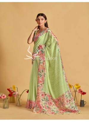 Pista Color Linen Saree with Digital Print and katha Work