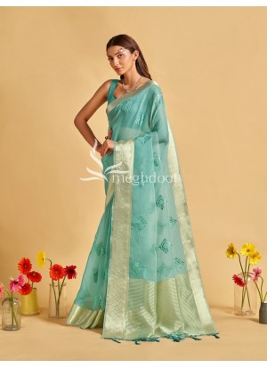 Firozi color Organza Saree with Sequin and thread work