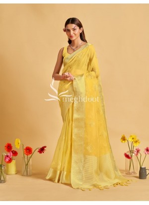 Gold color Organza Saree with Sequin and thread work