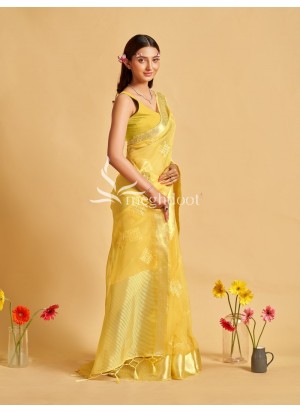Gold color Organza Saree with Sequin and thread work