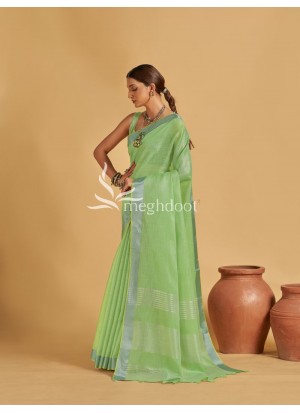 P. Green color Linen Tissue Saree with Zari Weaving
