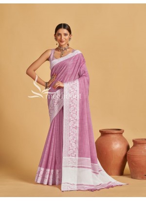 Rani Color Linen Saree