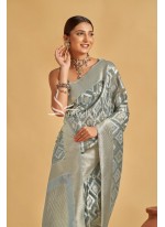 Grey color Linen Saree with Zari Weaving