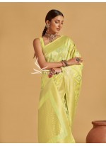 Yellow color Linen Saree with Zari Weaving