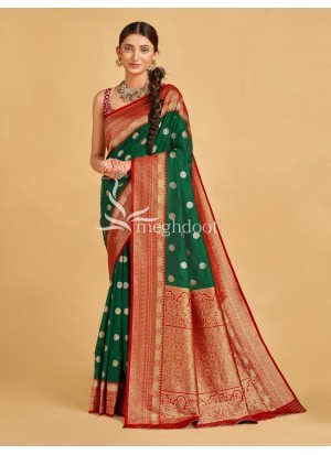 Green and Red color Soft Silk Saree with Zari Weaving