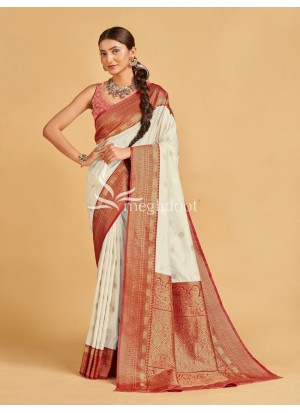 Cream and Red color Soft Silk Saree with Zari Weaving
